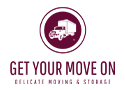Get Your Move On delicate moving & storage logo with stylized text and truck icon