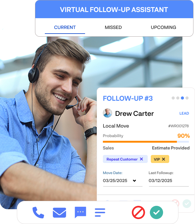Sales rep using Movegistics Virtual Follow-Up Assistant to manage customer outreach with smart tags and booking probability.