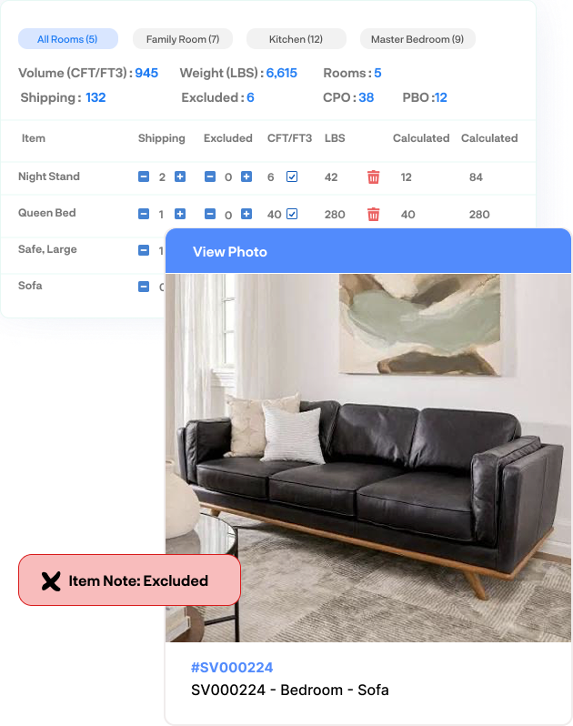 Movegistics Survey App showing item-level inventory photo and notes for a sofa, including room assignment, exclusion status, and sync to CRM for visual documentation
