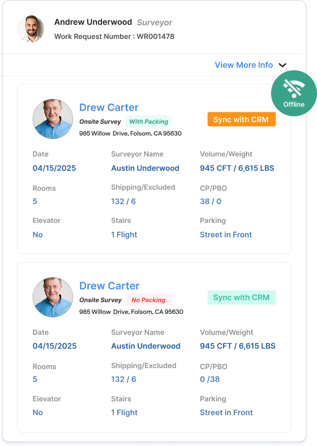 Movegistics survey syncing interface showing real-time CRM updates for onsite surveys with room count, volume, weight, packing status, and sync options