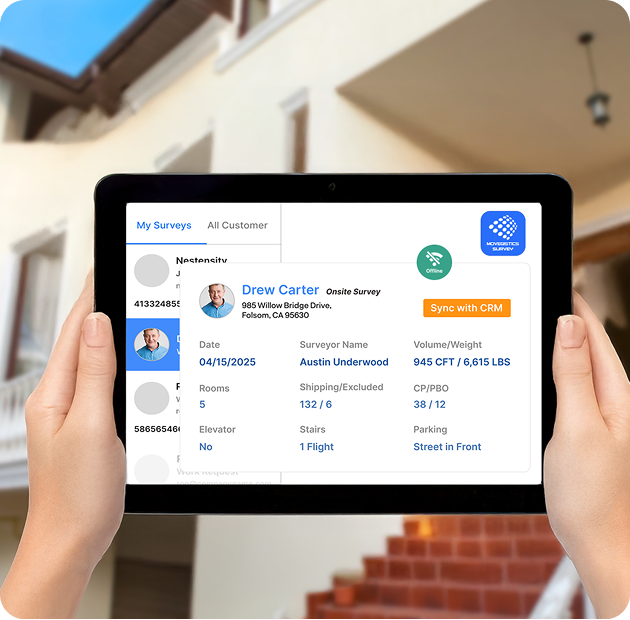 Movegistics Survey App on tablet showing onsite move survey details, inventory volume, room and access info, with CRM sync for online or offline use